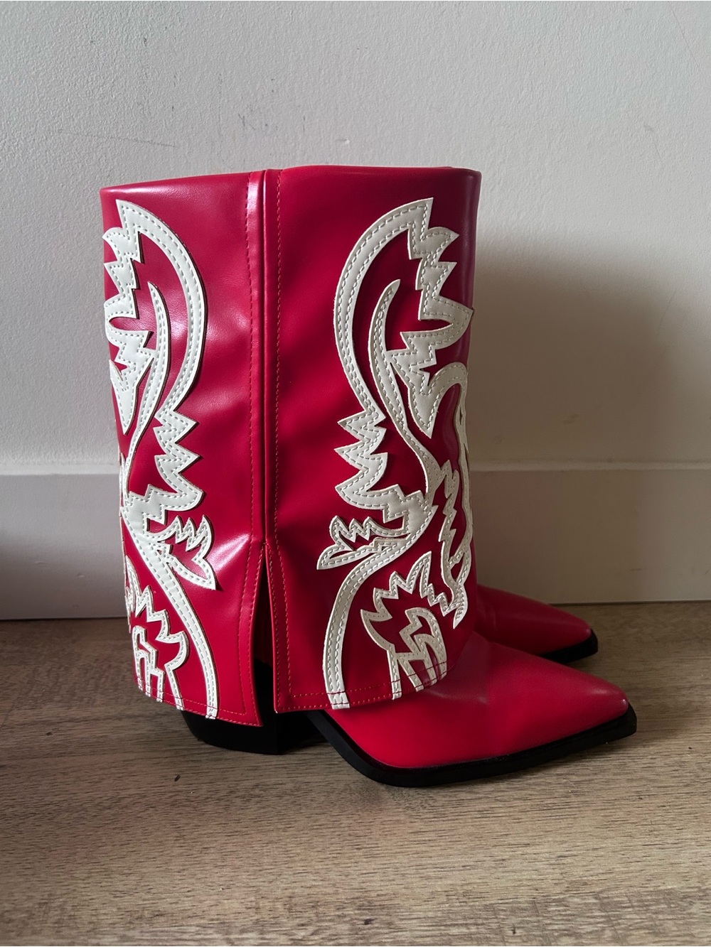 Azalea Wang fold over red cowboy cowgirl boots